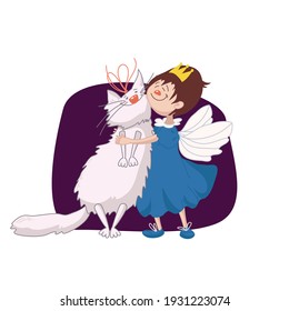 Cute little fairy girl hugging a big white cat - vector illustration