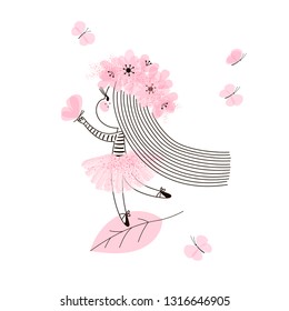 Cute little fairy girl with long hair standing on tree leaf and playing with butterfly. Vector doodle illustration in pink colour for girlish designs like textile apparel print, wall art, poster