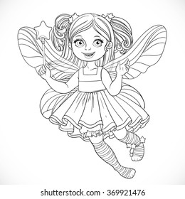 Cute little fairy girl in lush dress with a Magic wand outlined for coloring isolated on a white background