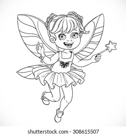 Cute little fairy girl with a Magic wand  outlined isolated on a white background