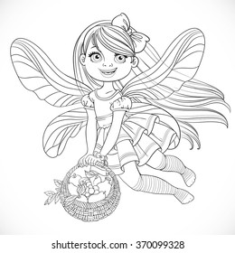 Cute little fairy girl with a round wicker basket filled fruits outlined for coloring isolated on a white background