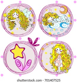 Cute little fairy girl set in the crown with the stars. Hand drawn Vector illustration. Baby design for bedroom