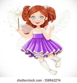 Cute little fairy girl in violet dress with a Magic wand isolated on a white background