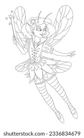 Cute little fairy girl with wings and a magic wand, outlined illustration on a white background, coloring page for children, cartoon vector illustration