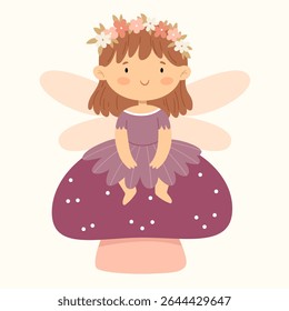 Cute little fairy girl with wings and a flower crown sitting on a toadstool mushroom. Dressed in a purple dress and smiling gently, this whimsical character is perfect for nursery 