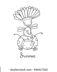 Cute little fairy and ladybug.Hand drawn vector illustration.