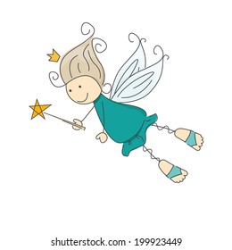 Cute little fairy with magic wand. Vector illustration isolated on white background.