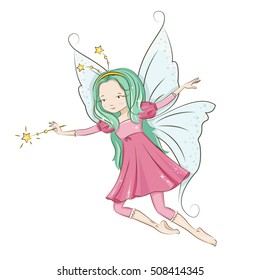 Cute little fairy with magic wand. Illustration isolated on white background.
