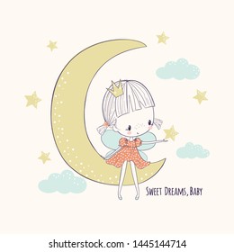 Cute little fairy on the moon. Childish doodle sketch vector illustration. Sweet dreams lettering. Use for girlish surface designs, fabric print, card,  kids wear, textile, baby shower, wall art