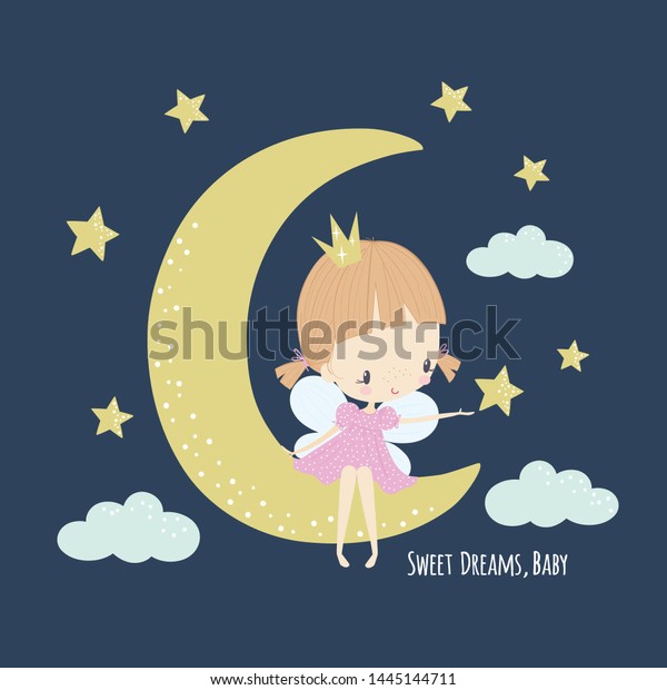 Cute little fairy in pink dress on the moon.\
Girlish vector illustration. Sweet dreams lettering. Use for\
childish surface designs, fabric print,  fashion kids wear,\
textile, baby shower, wall\
art