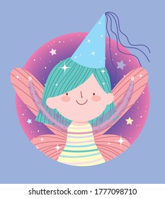 cute little fairy princess tale cartoon with hat vector illustration