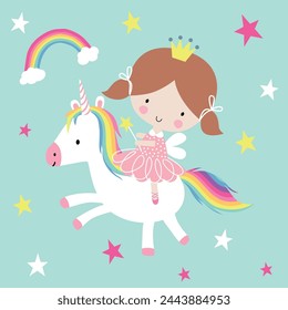 Cute little fairy rides a unicorn