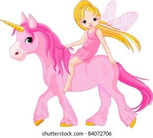 Cute little fairy riding on a unicorn