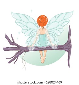 The cute little fairy sat down to rest on the tree branch. She sitting with his back and dreaming.