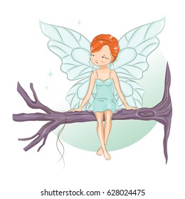 The cute little fairy sat down to rest on the tree branch.