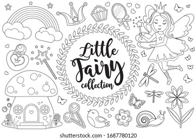 Cute little fairy set Coloring book page for kids. Collection of design element sketch outline style. Kids baby clip art funny smiling kit. Vector illustration.