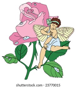 Cute little fairy sitting on the rose