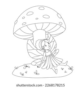 Cute little fairy sitting under mushroom isolated on white background. Vector outline illustration for coloring page