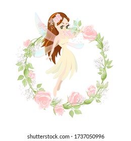 Cute little fairy tale girls greeting postcard wreath with cream pink rose flowers. Girly design element template for holiday card isolated on white