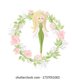 Cute little fairy tale girls greeting postcard wreath with cream pink rose flowers. Girly design element template for holiday card isolated on white
