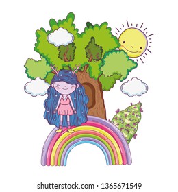 cute little fairy with tree and rainbow