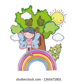 cute little fairy with tree and rainbow