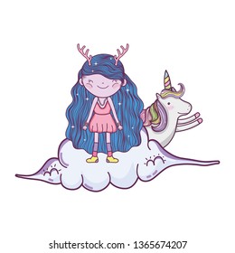 cute little fairy with unicorn in the clouds