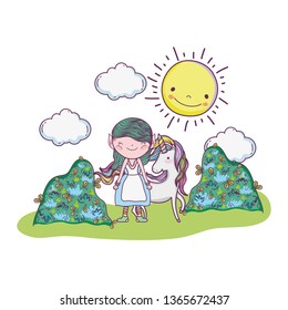 cute little fairy with unicorn in the field