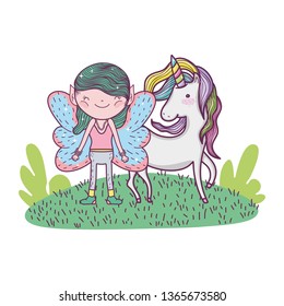 cute little fairy with unicorn in the field