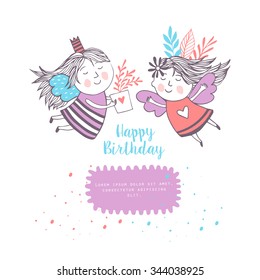 Cute little  fairy vector illustration.Happy birthday Card
