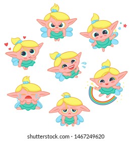 Cute little fairy with wings expresses different emotions joy sadness anger. Cartoon elf sorceress in dress and with magic wand vector set isolated illustration.
