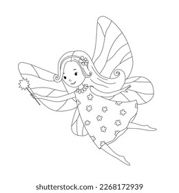 Cute little fairy with wings and magic wand isolated on white. Vector outline illustration for coloring page