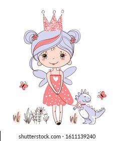 Cute little fairy with wings in a pink dress. The princess in the crown walks with a dragon or dinosaur. Fairytale girl, color sketch, vector illustration isolated on white background.