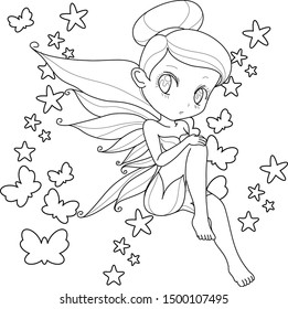 Cute little fairy with wings, white background for coloring page, vector illustration.