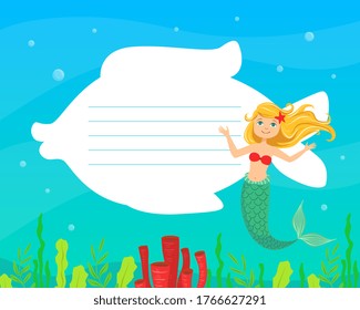 Cute Little Fairytale Mermaid with White Blank Lined Speech Cloud in the Shape of Fish Vector Illustration