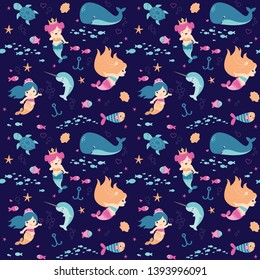 Cute Little Fantasy Underwater Mermaids Seamless Pattern Flat Vector Illustration