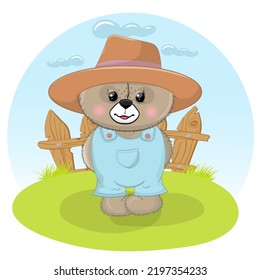 Cute little farmer bear , vector, cartoon style character. Happy baby bear, Perfect illustration for t-shirt wear fashion print design, greeting card, baby shower, party invitation