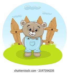 Cute little farmer bear , vector, cartoon style character. Happy baby bear, Perfect illustration for t-shirt wear fashion print design, greeting card, baby shower, party invitation