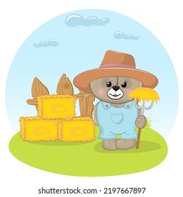 Cute little farmer bear, vector, cartoon style character. Happy baby bear, Perfect illustration for t-shirt wear fashion print design, greeting card, baby shower, party invitation