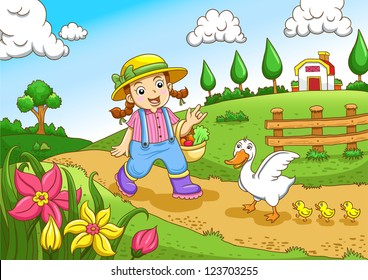 Cute little farmers girl at a farm