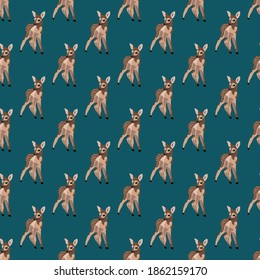 Cute little fawn repeat pattern on a blue background.
Baby deer, forest wildlife texture.