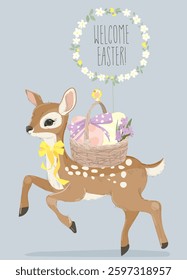 Cute Little Fawn standing with Basket with Easter Eggs. Vector Illustration