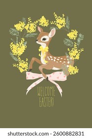 Cute Little Fawn standing in Wreath of Mimosa. Vector Illustration
