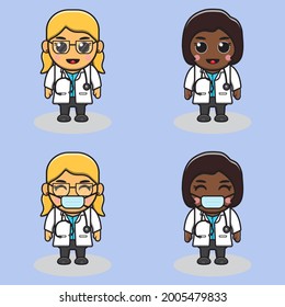 Cute little Female doctor. Adorable kids doctor set. Smiling little girls dressed as doctors vector illustrations.