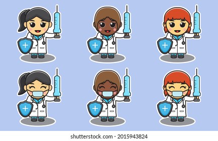 Cute little Female doctor knight with Vaccine sword. Adorable kids doctor set. Smiling little Girl dressed as doctors.