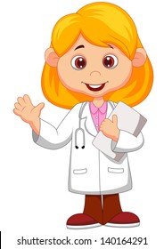 Cute little female doctor waving hand