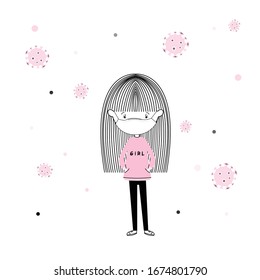 Cute little Female students wearing masks to protect against germs girl in pink, vector design