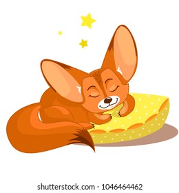 Cute little Fenech sleeps on a pillow with polka dots. Cartoon vector character