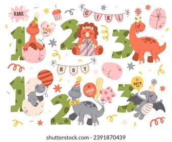 Cute little figure of dinosaurs with birthday numbers and decoration set vector illustration. Happy party Jurassic monster for baby shower and anniversary congratulation for boy and girl children