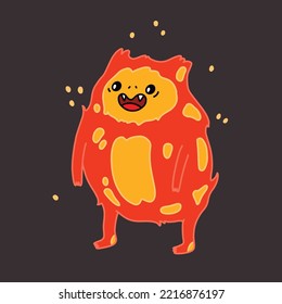 Cute little fire demon vector illustration. Red and orange tiny devil with sparks on dark black background 